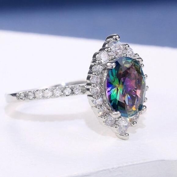 NEW 925 STERLING SILVER MYSTIC TOPAZ HALO RING, CUTE RING, SHINY RING. - Picture 5 of 9